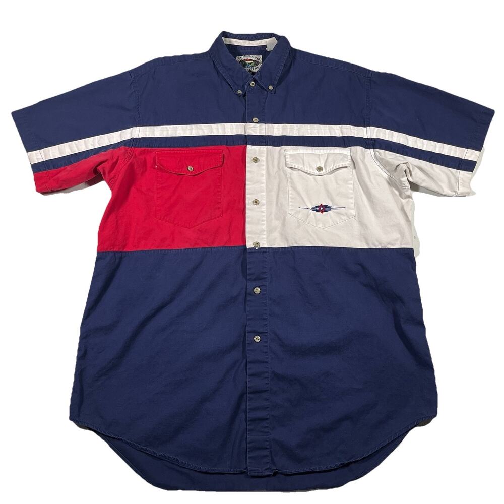 Vintage Cumberland Outfitters Colorblock Fishing Shirt XL Red Blue White
